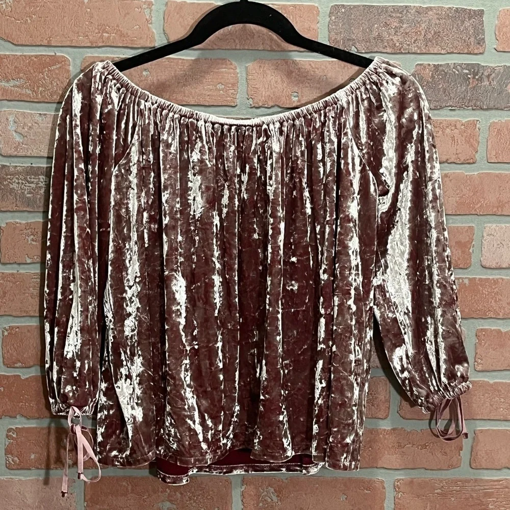 American Eagle Crushed Velvet Dusty Rose Pink Off Shoulder Top Shirt Size Medium - Picture 3 of 7